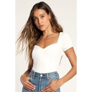 Lulu's Poised Demeanor Solid White Backless Short Sleeve Bodysuit NWT Size S